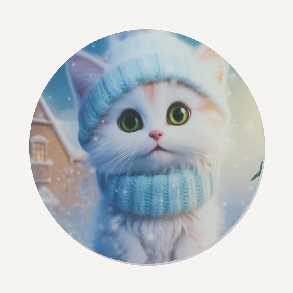 Christmas Kitten in Blue Scarf – the flat artwork printed on these round ceramic coasters
