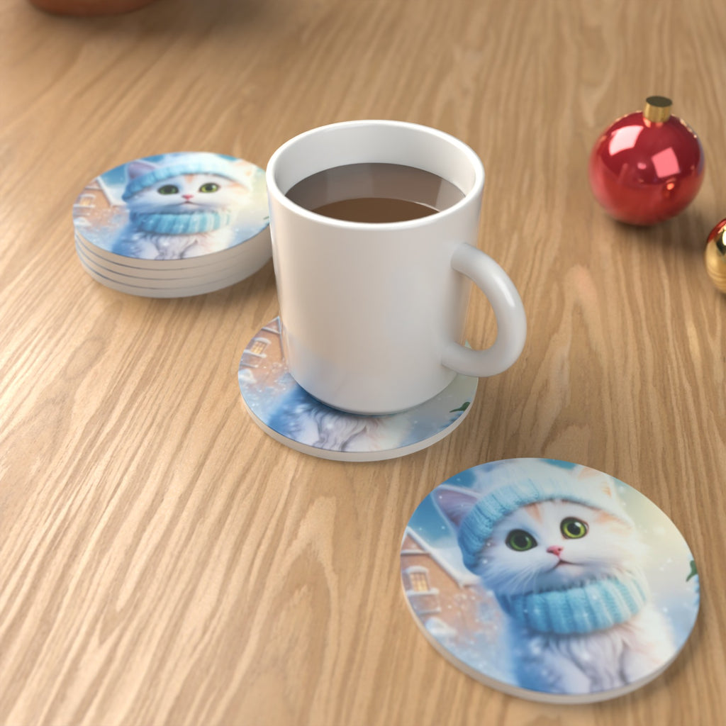 Christmas Kitten in Blue Scarf Round Ceramic Coasters – Set of 6 – Pre-order – lifestyle mockup 1