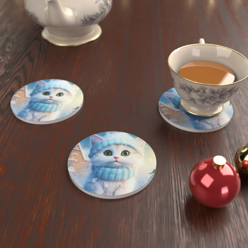 Christmas Kitten in Blue Scarf Round Ceramic Coasters – Set of 6 – Pre-order – lifestyle mockup 2