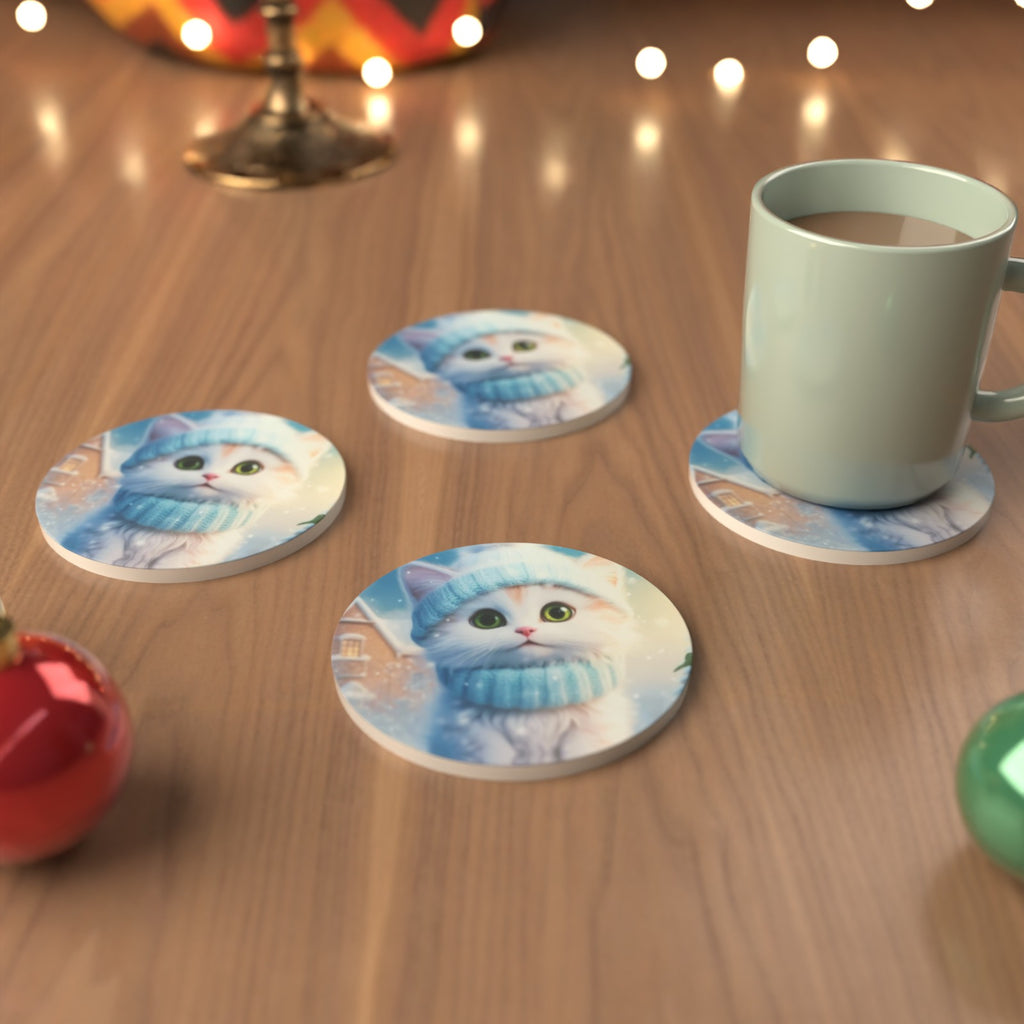 Christmas Kitten in Blue Scarf Round Ceramic Coasters – Set of 6 – Pre-order – lifestyle mockup 3