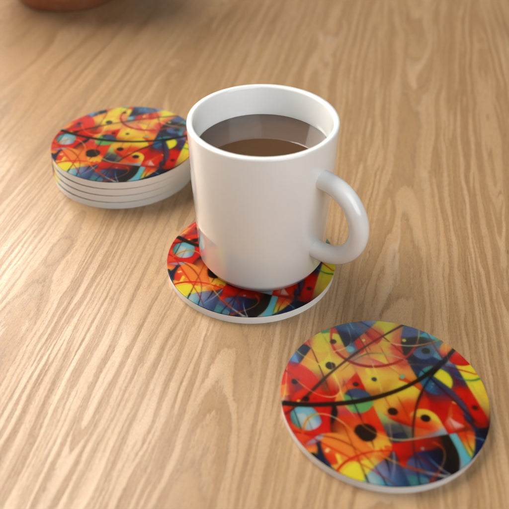 Abstract Geometric Modernist Round Ceramic Coasters – Set of 6 – Pre-order – lifestyle mockup 1