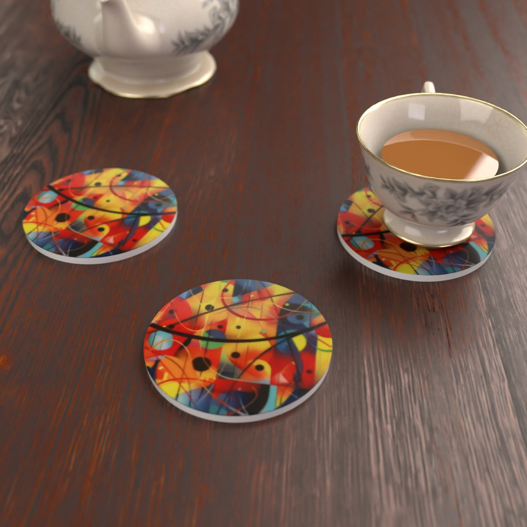 Abstract Geometric Modernist Round Ceramic Coasters – Set of 6 – Pre-order – lifestyle mockup 2