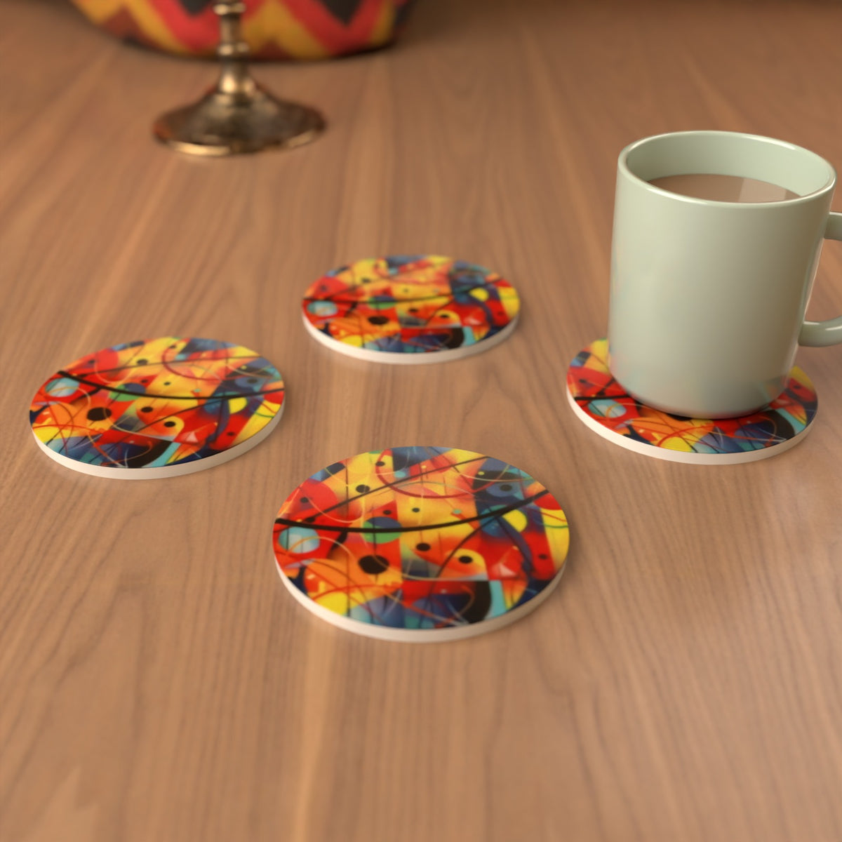 Abstract Geometric Modernist Round Ceramic Coasters – Set of 6 – Pre-order – lifestyle mockup 3