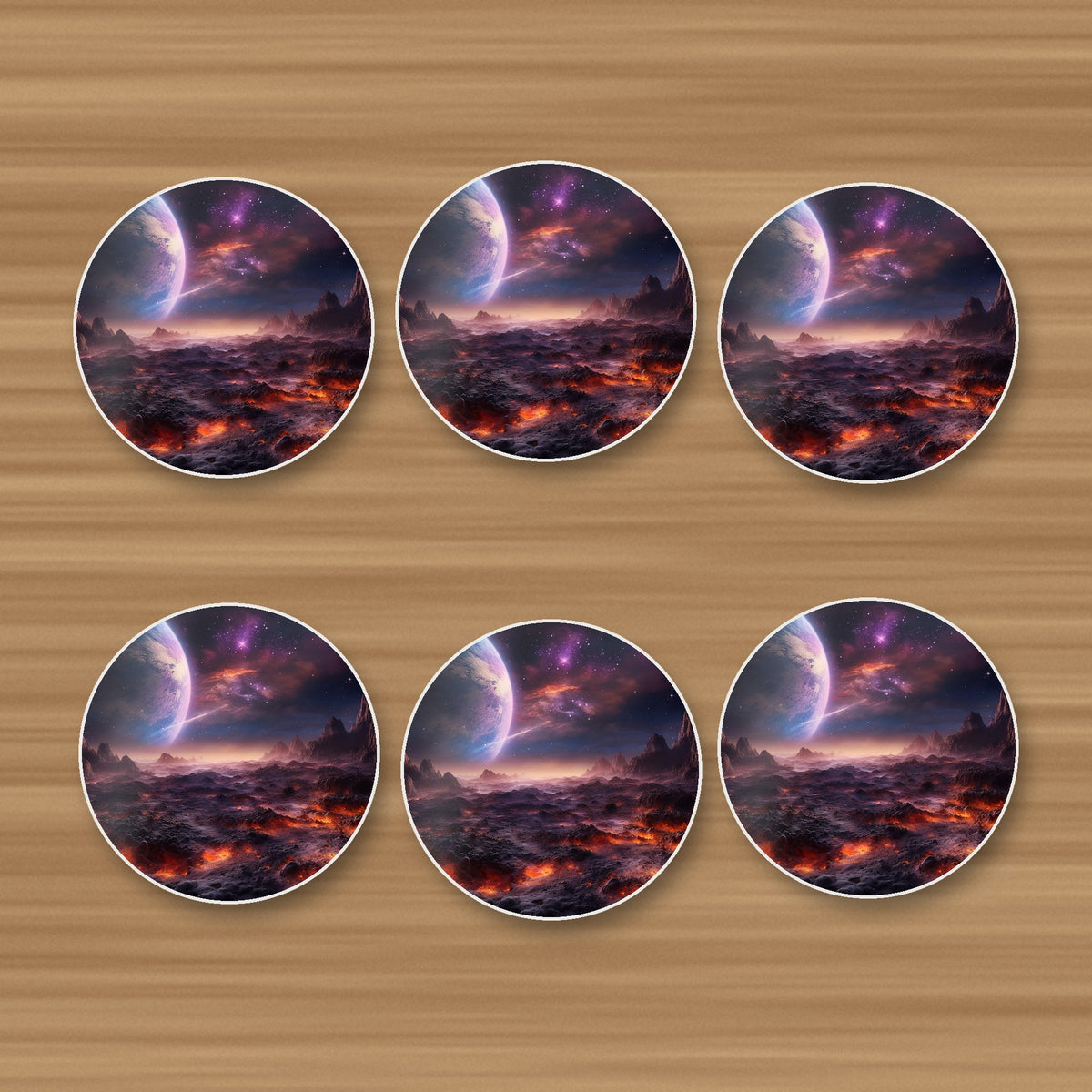 Lunar Landscape & Planet round ceramic coasters, set of 6, on an oak coffee table