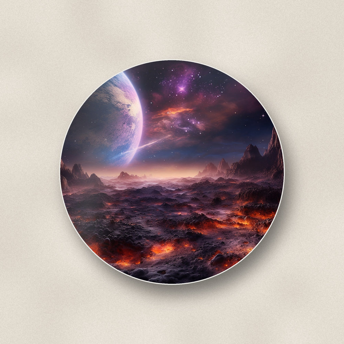 Close-up of one lunar landscape & planet round ceramic coaster, flat UV print