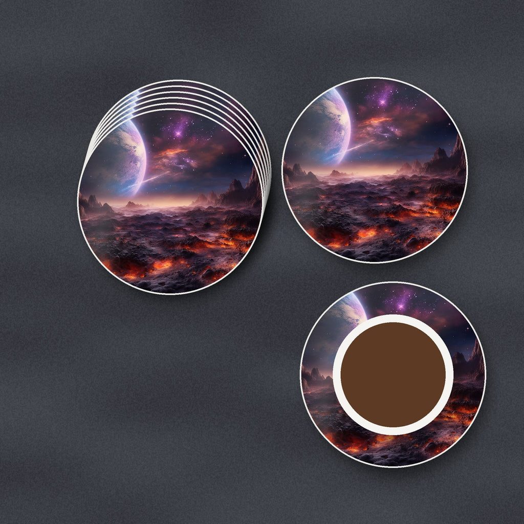 Lunar Landscape & Planet round ceramic coasters stacked on a slate kitchen worktop