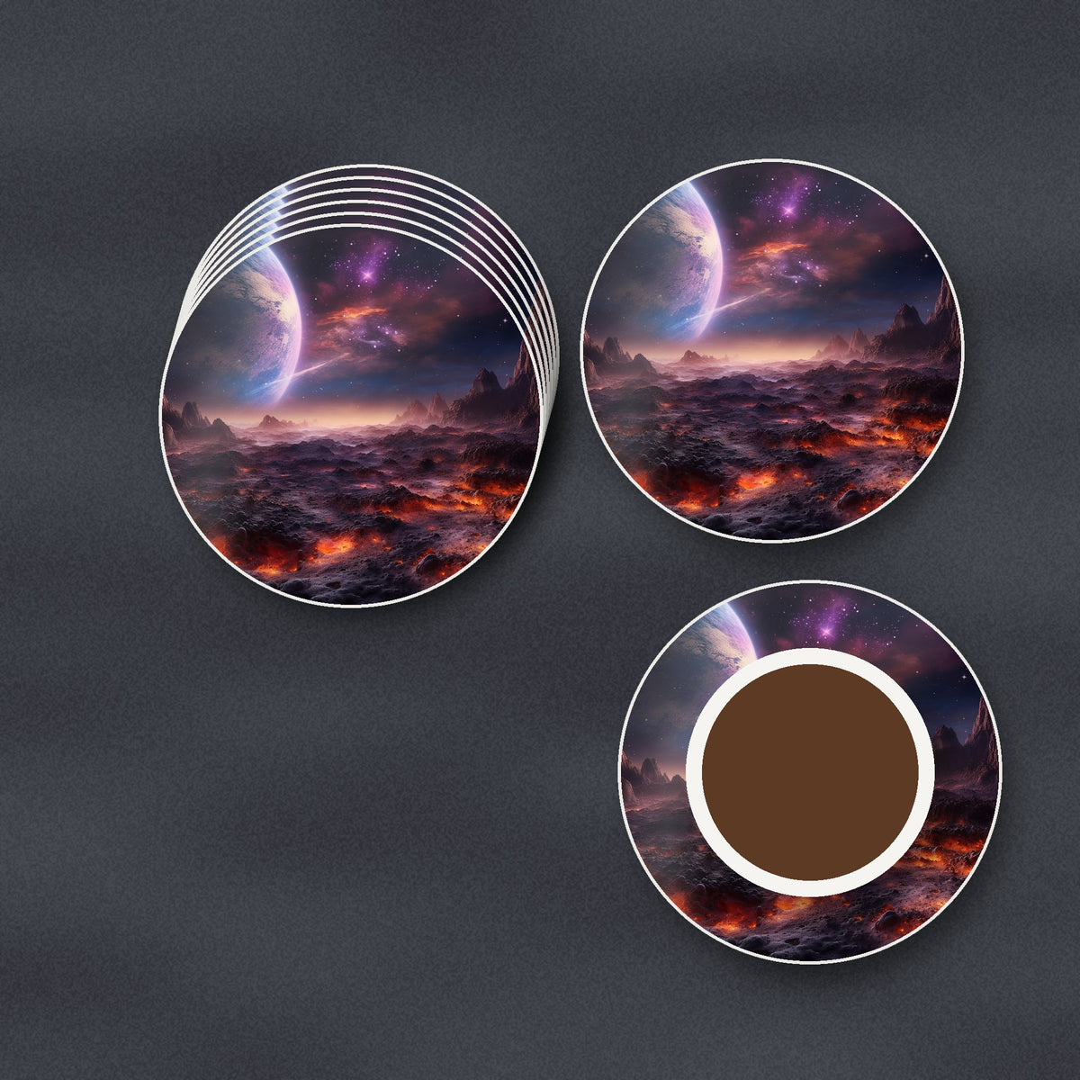 Lunar Landscape & Planet round ceramic coasters stacked on a slate kitchen worktop