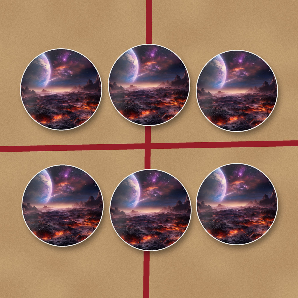 Lunar Landscape & Planet round ceramic coasters on kraft gift wrap