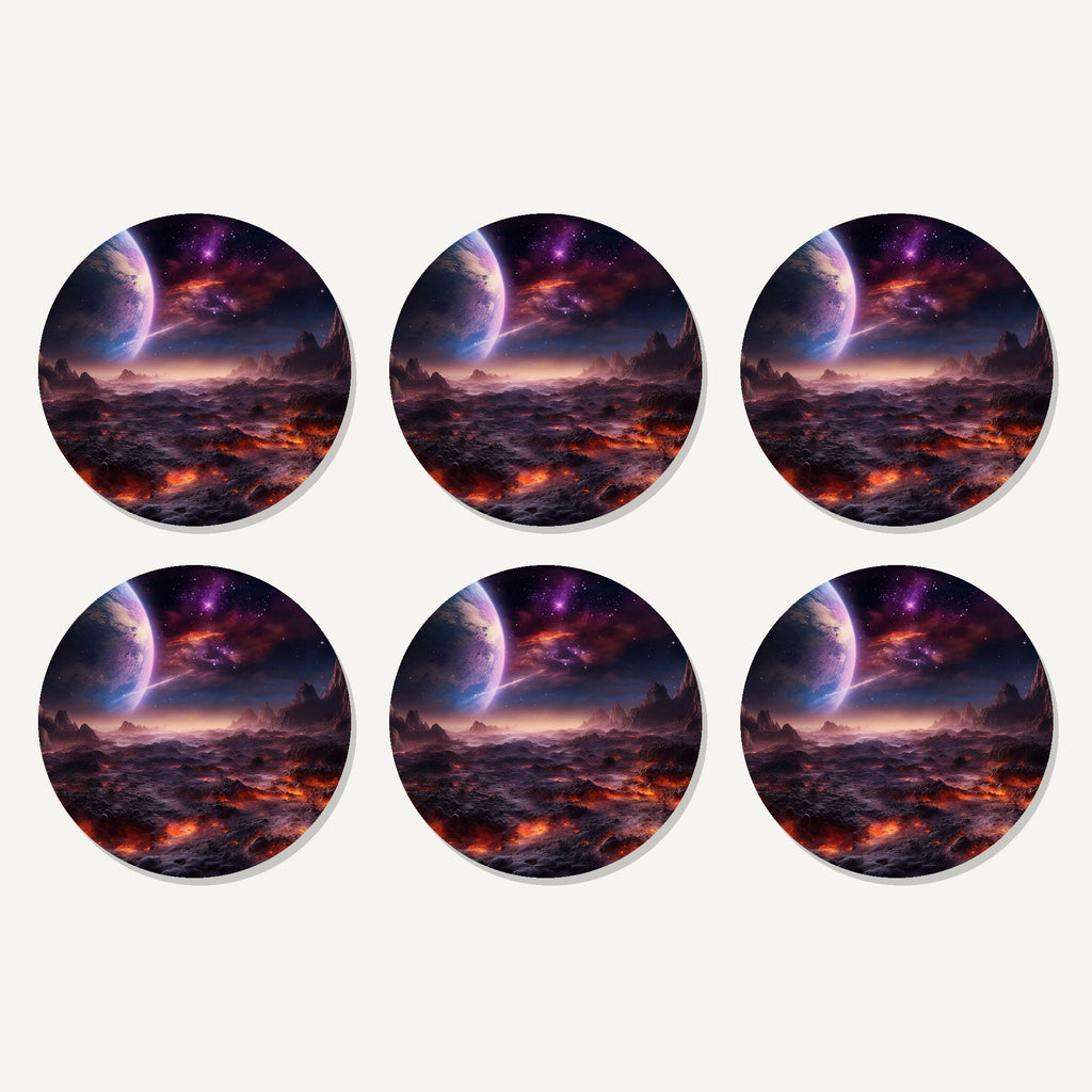 Flat lay of the lunar landscape & planet artwork on six round coasters