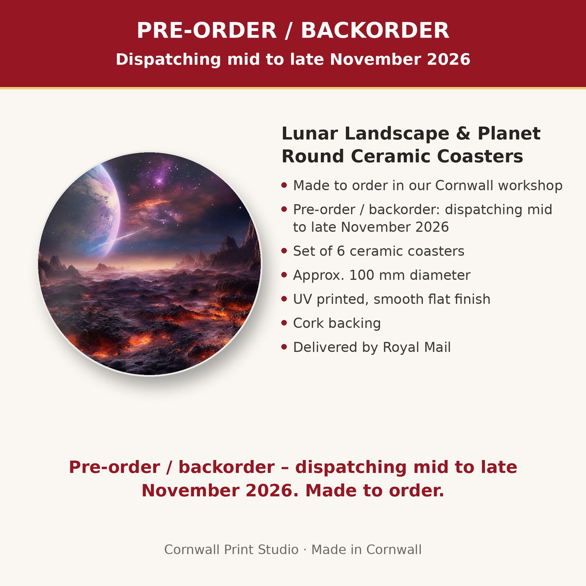 Info card: Lunar Landscape & Planet Round Ceramic Coasters – Set of 6, made to order, dispatching mid to late November 2026, delivered by Royal Mail