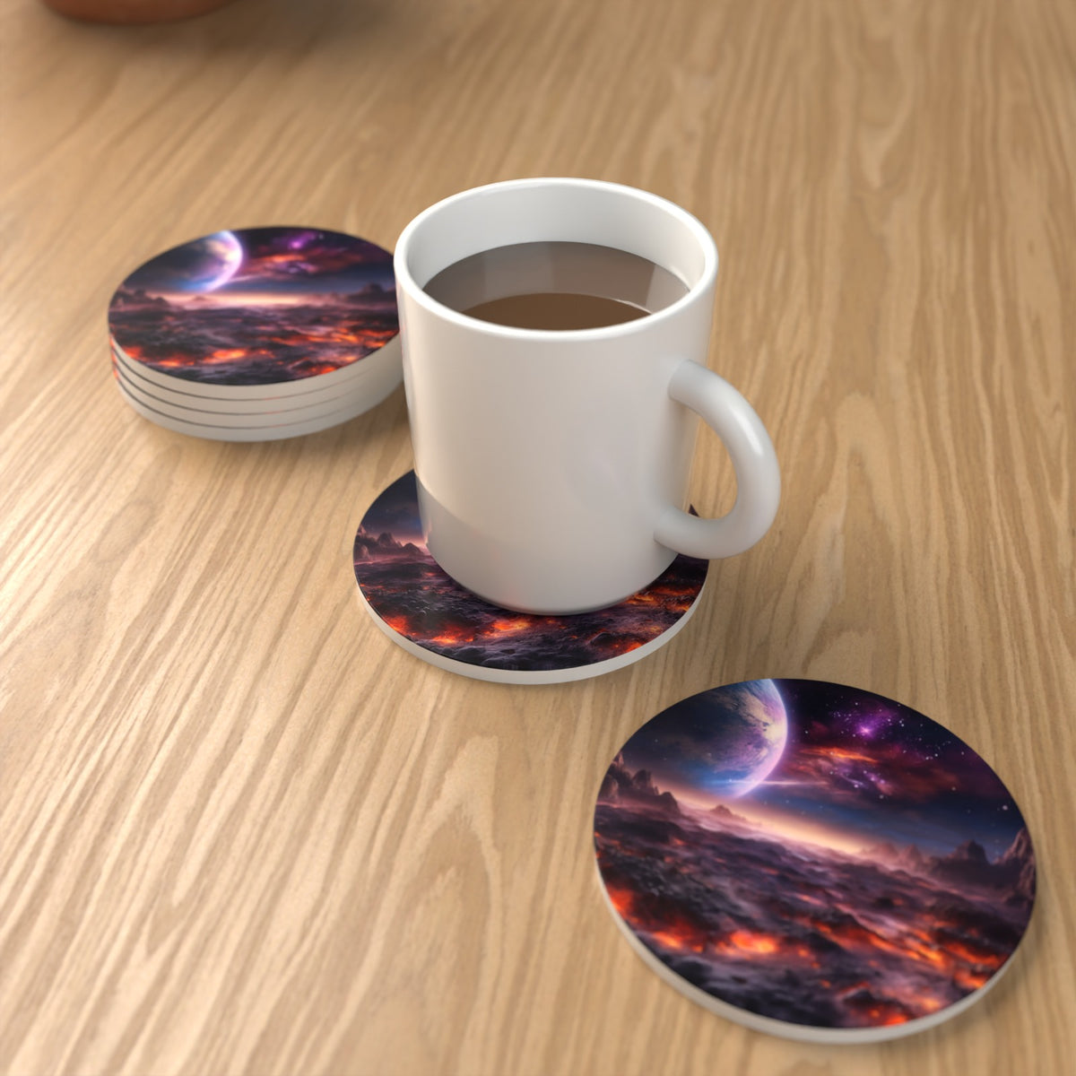 Lunar Landscape & Planet Round Ceramic Coasters – Set of 6 – lifestyle mockup with a mug of coffee