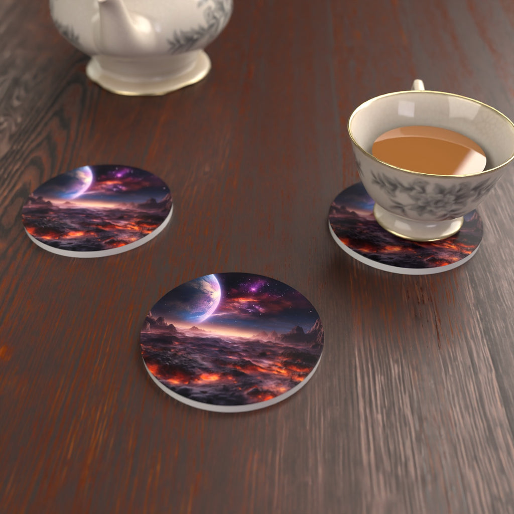 Lunar Landscape & Planet Round Ceramic Coasters – Set of 6 – lifestyle mockup with a teacup