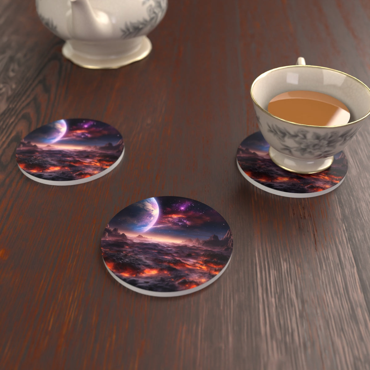 Lunar Landscape & Planet Round Ceramic Coasters – Set of 6 – lifestyle mockup with a teacup