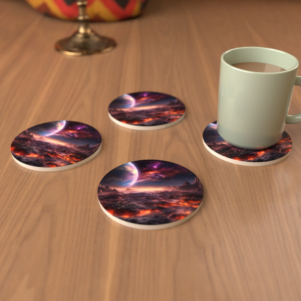 Lunar Landscape & Planet Round Ceramic Coasters – Set of 6 – cosy lifestyle mockup