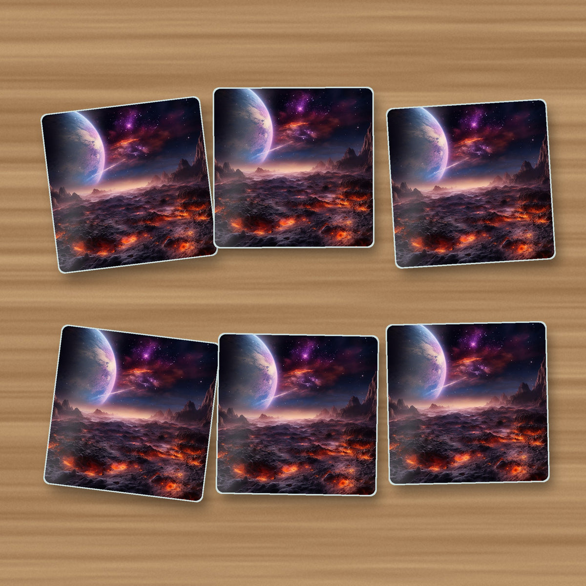 Lunar Landscape & Planet square glass coasters, set of 6, on an oak coffee table