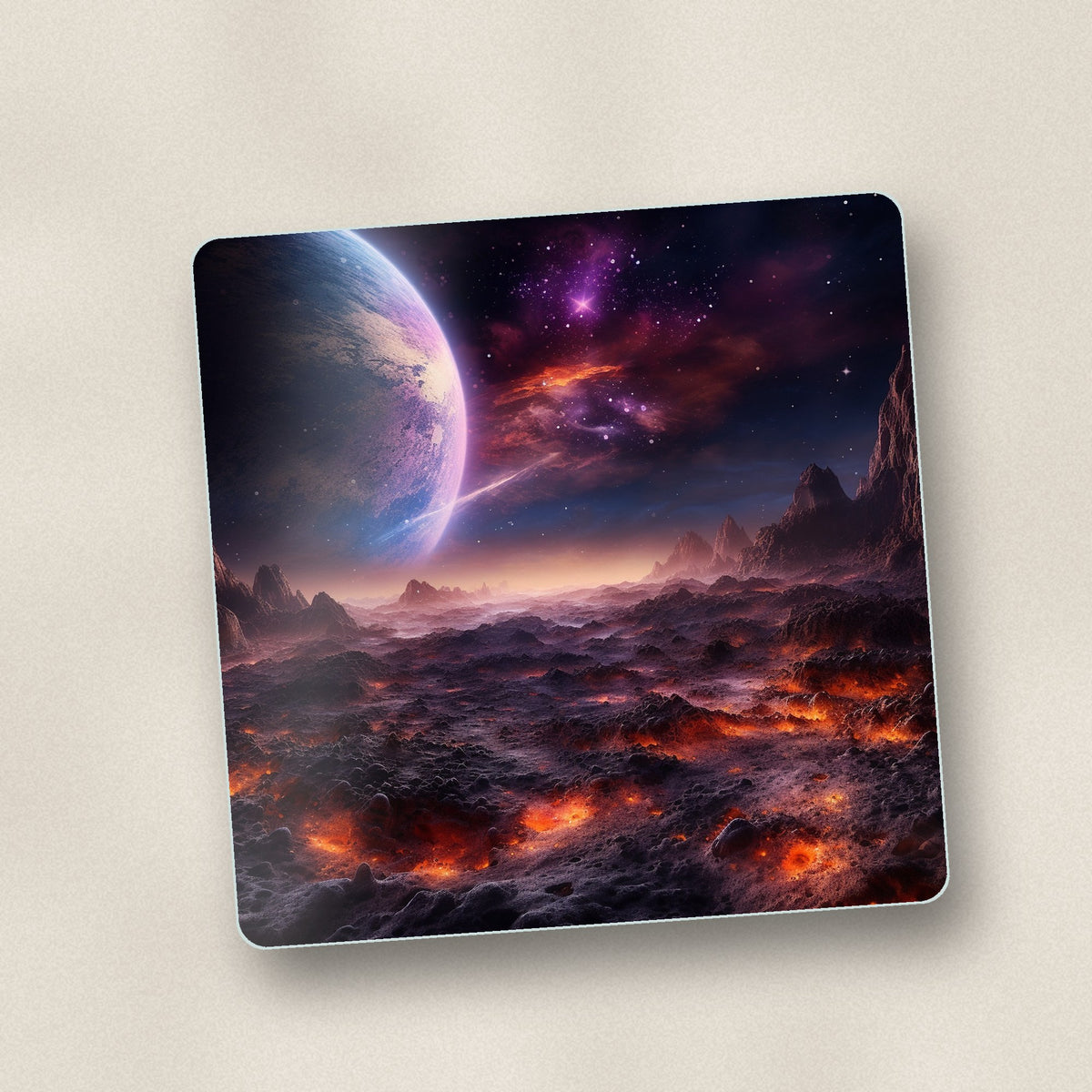 Close-up of one lunar landscape & planet square glass coaster, flat UV print