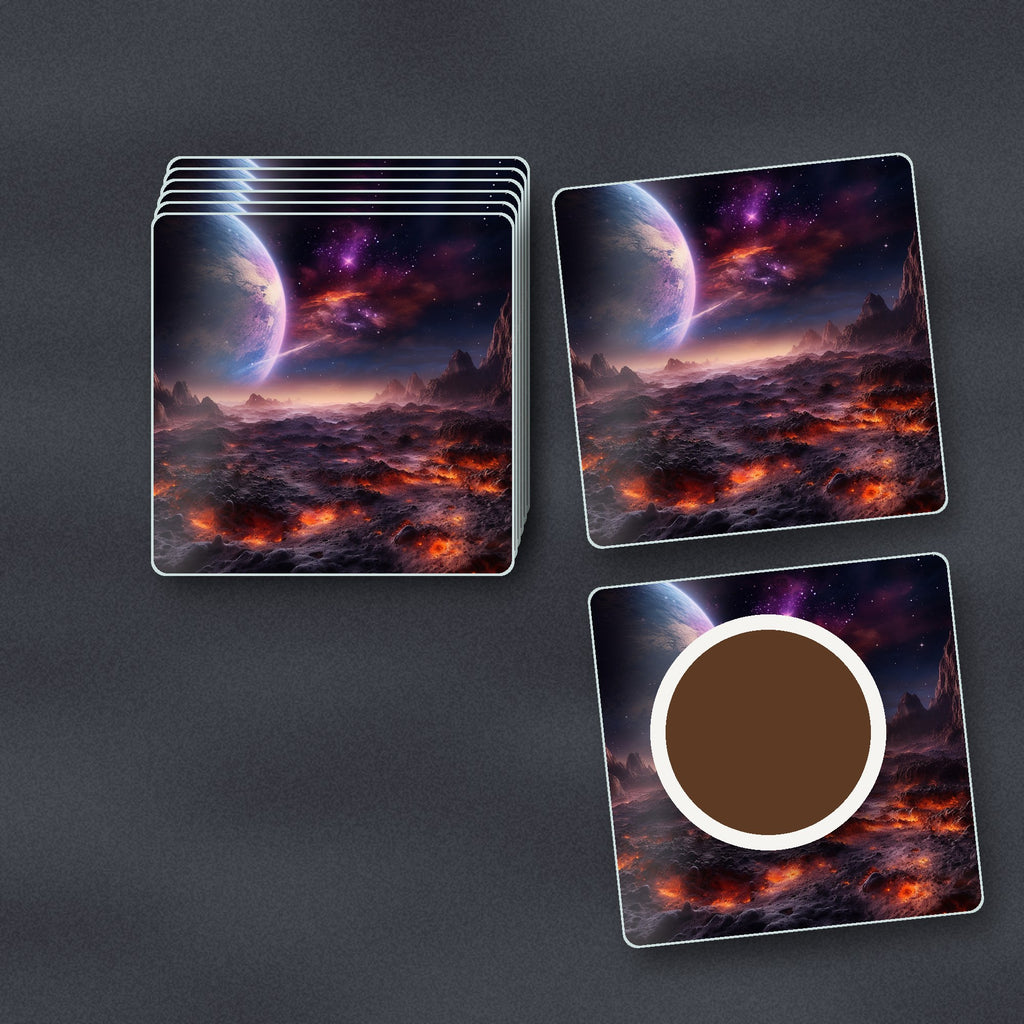 Lunar Landscape & Planet square glass coasters stacked on a slate kitchen worktop