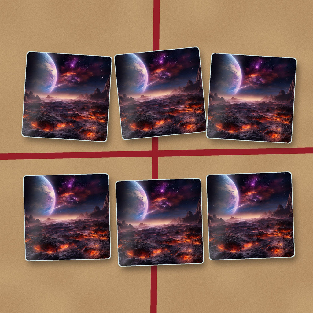 Lunar Landscape & Planet square glass coasters on kraft gift wrap