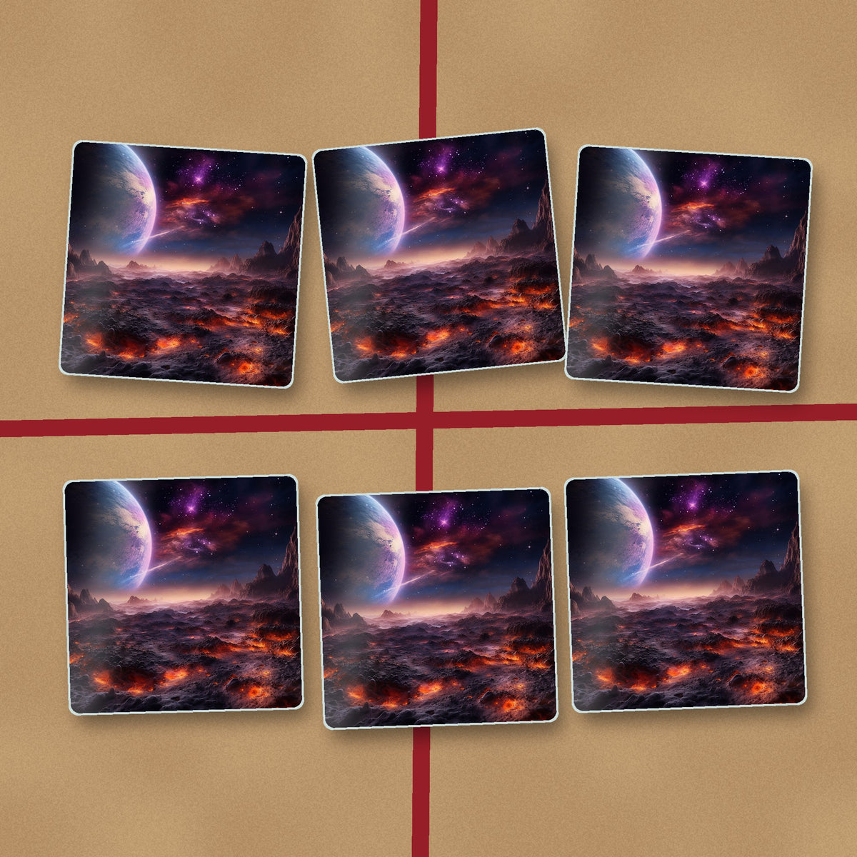 Lunar Landscape & Planet square glass coasters on kraft gift wrap