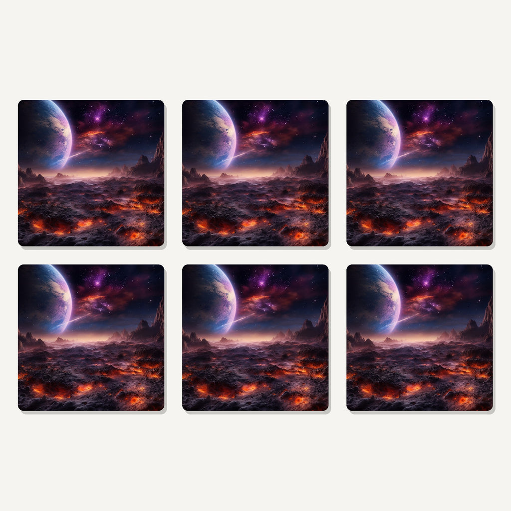 Flat lay of the lunar landscape & planet artwork on six square coasters