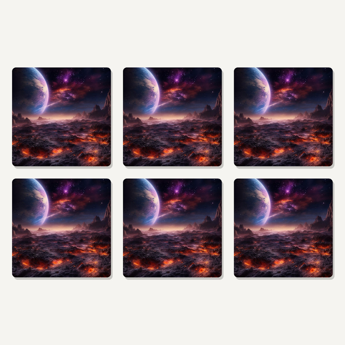 Flat lay of the lunar landscape & planet artwork on six square coasters