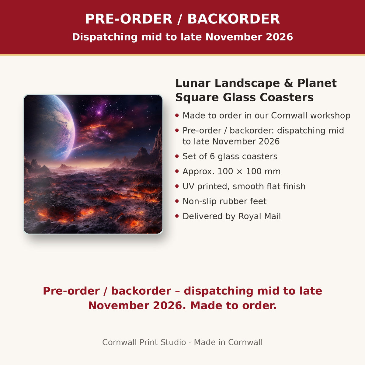 Info card: Lunar Landscape & Planet Square Glass Coasters – Set of 6, made to order, dispatching mid to late November 2026, delivered by Royal Mail
