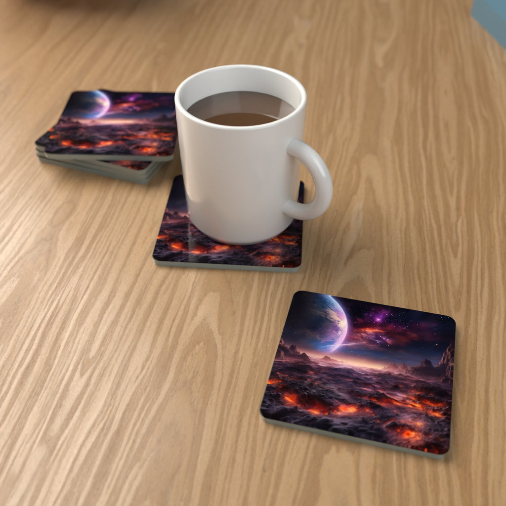 Lunar Landscape & Planet Square Glass Coasters – Set of 6 – lifestyle mockup with a mug of coffee