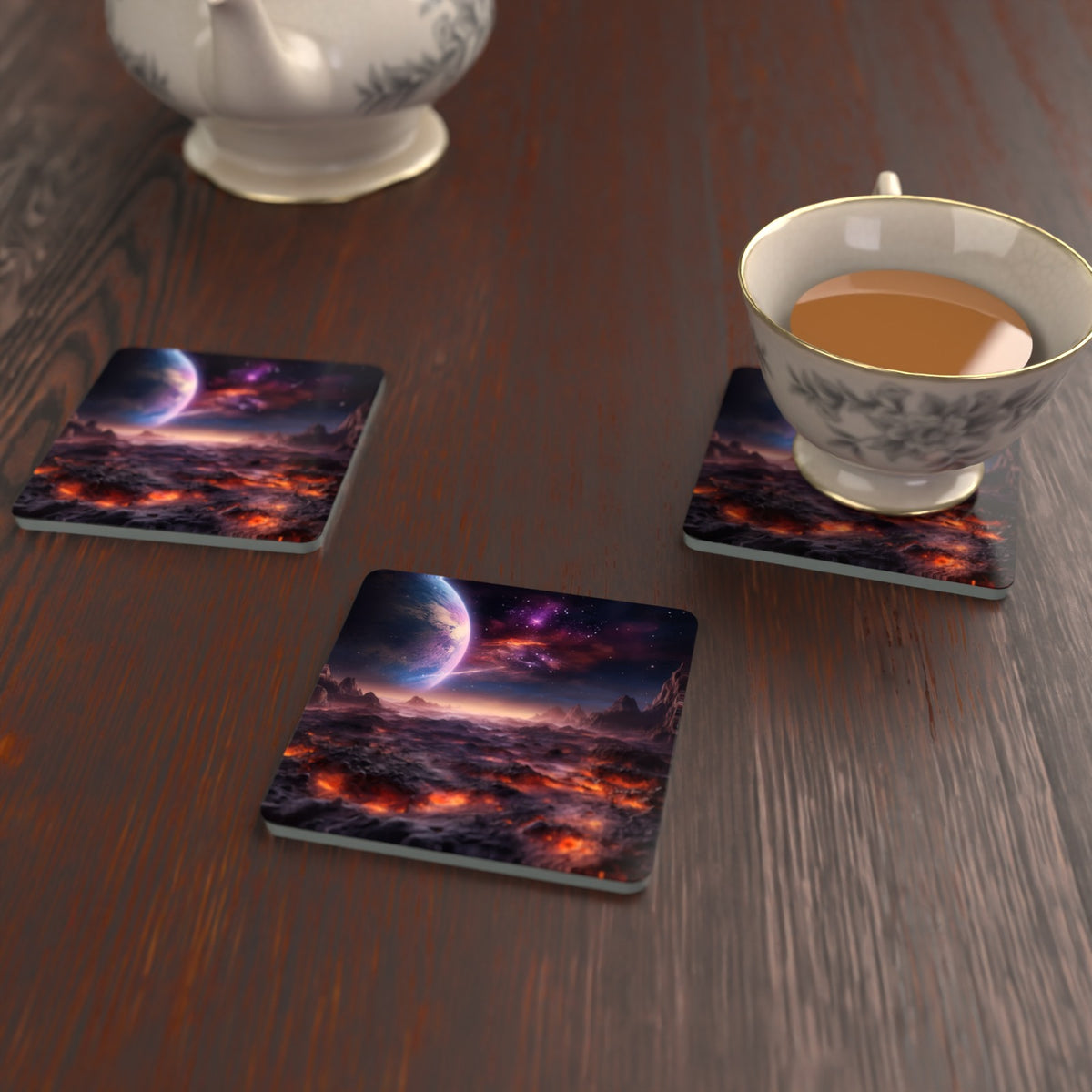 Lunar Landscape & Planet Square Glass Coasters – Set of 6 – lifestyle mockup with a teacup