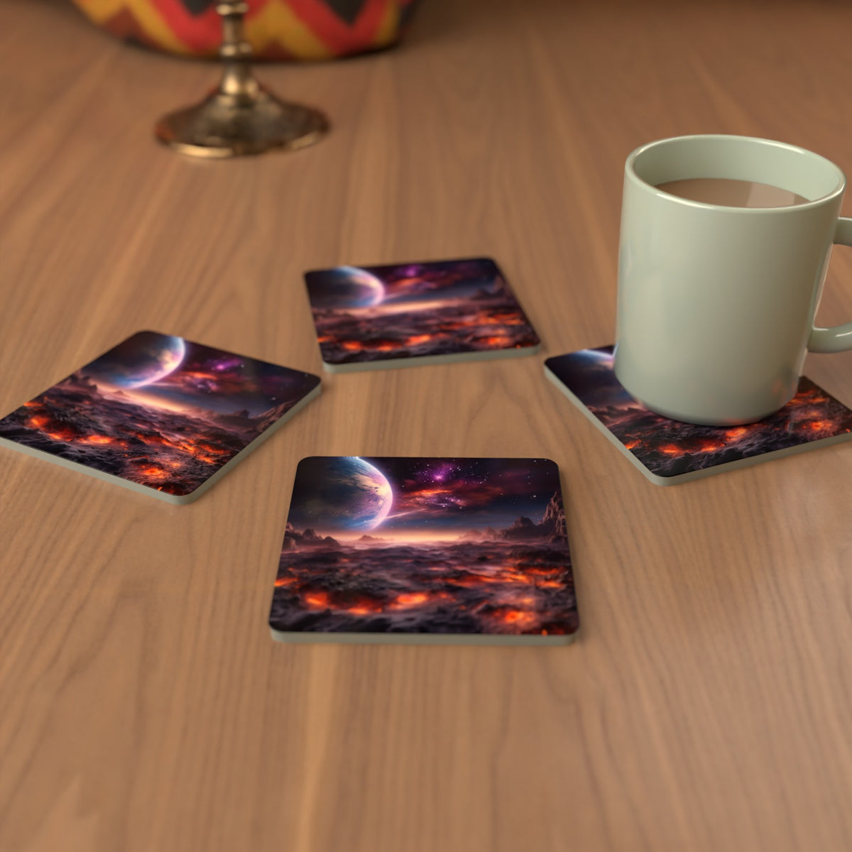 Lunar Landscape & Planet Square Glass Coasters – Set of 6 – cosy lifestyle mockup