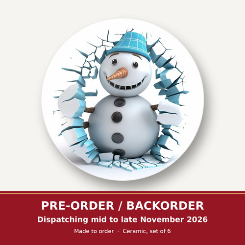 3D Snowman Breaking Through Ice round ceramic coaster set of 6 – pre-order / backorder, dispatching mid to late November 2026
