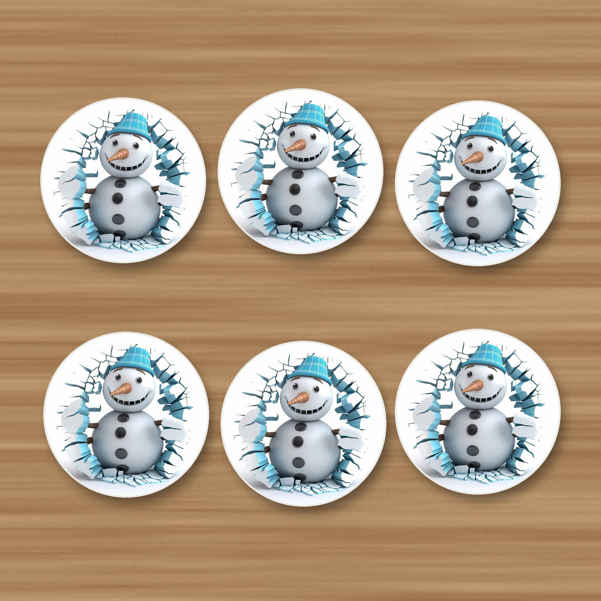 3D Snowman Breaking Through Ice round ceramic coasters, set of 6, on an oak coffee table