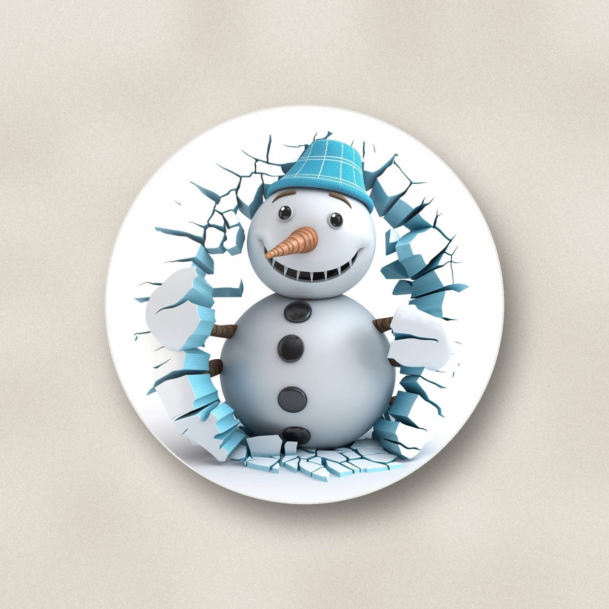 Close-up of one 3d snowman breaking through ice round ceramic coaster, flat UV print