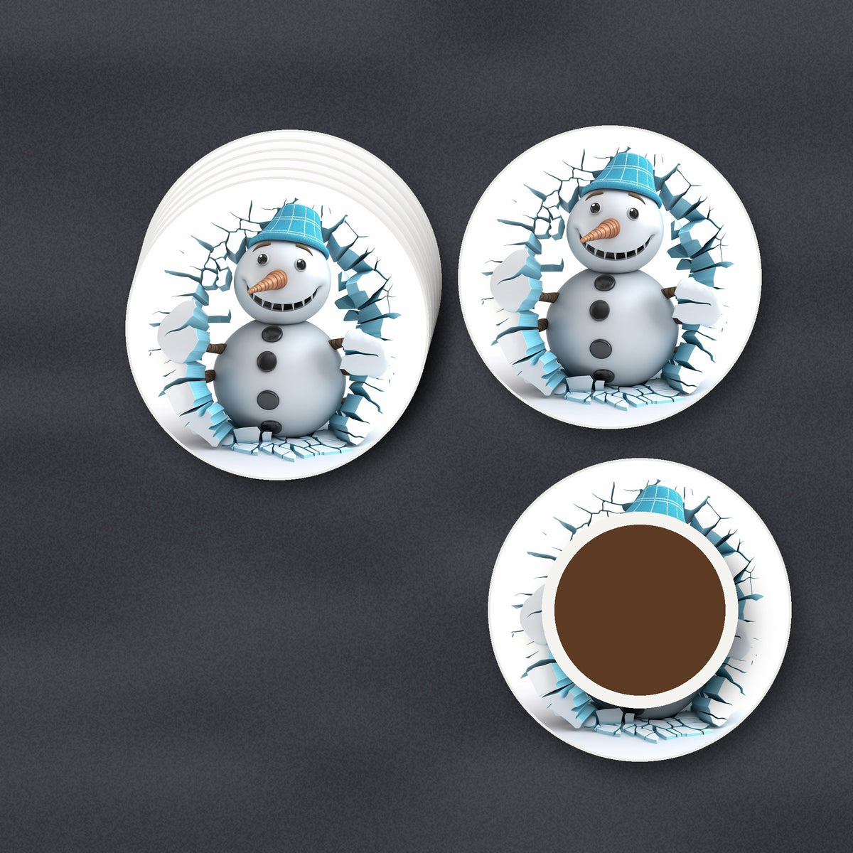 3D Snowman Breaking Through Ice round ceramic coasters stacked on a slate kitchen worktop