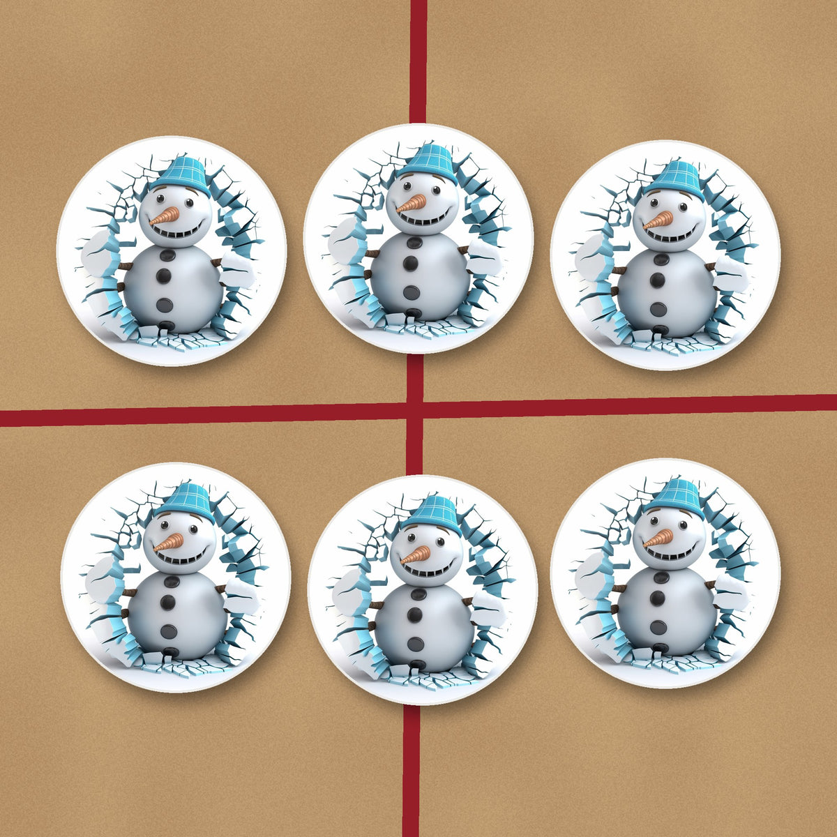 3D Snowman Breaking Through Ice round ceramic coasters on kraft gift wrap