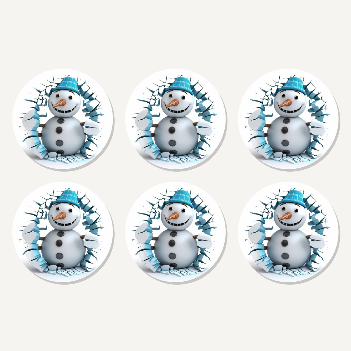 Flat lay of the 3d snowman breaking through ice artwork on six round coasters