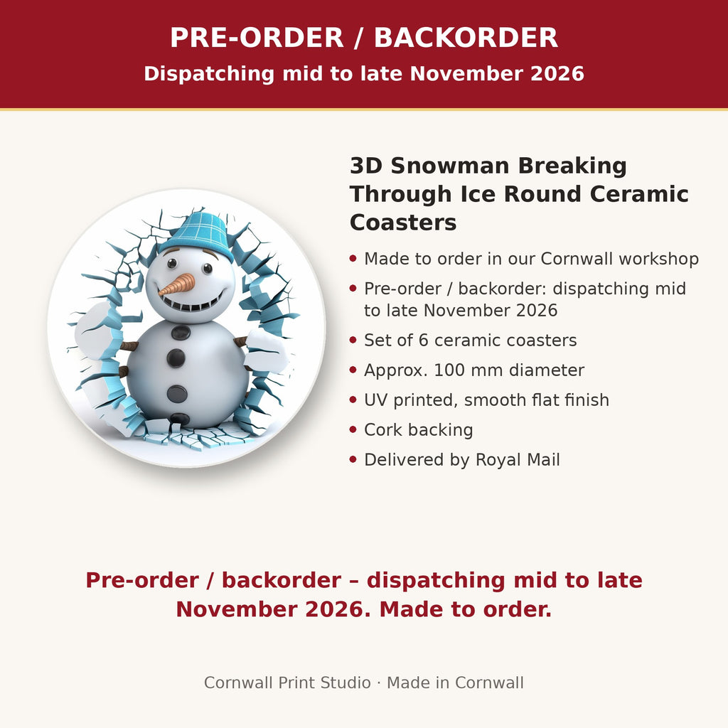 Info card: 3D Snowman Breaking Through Ice Round Ceramic Coasters – Set of 6, made to order, dispatching mid to late November 2026, delivered by Royal Mail