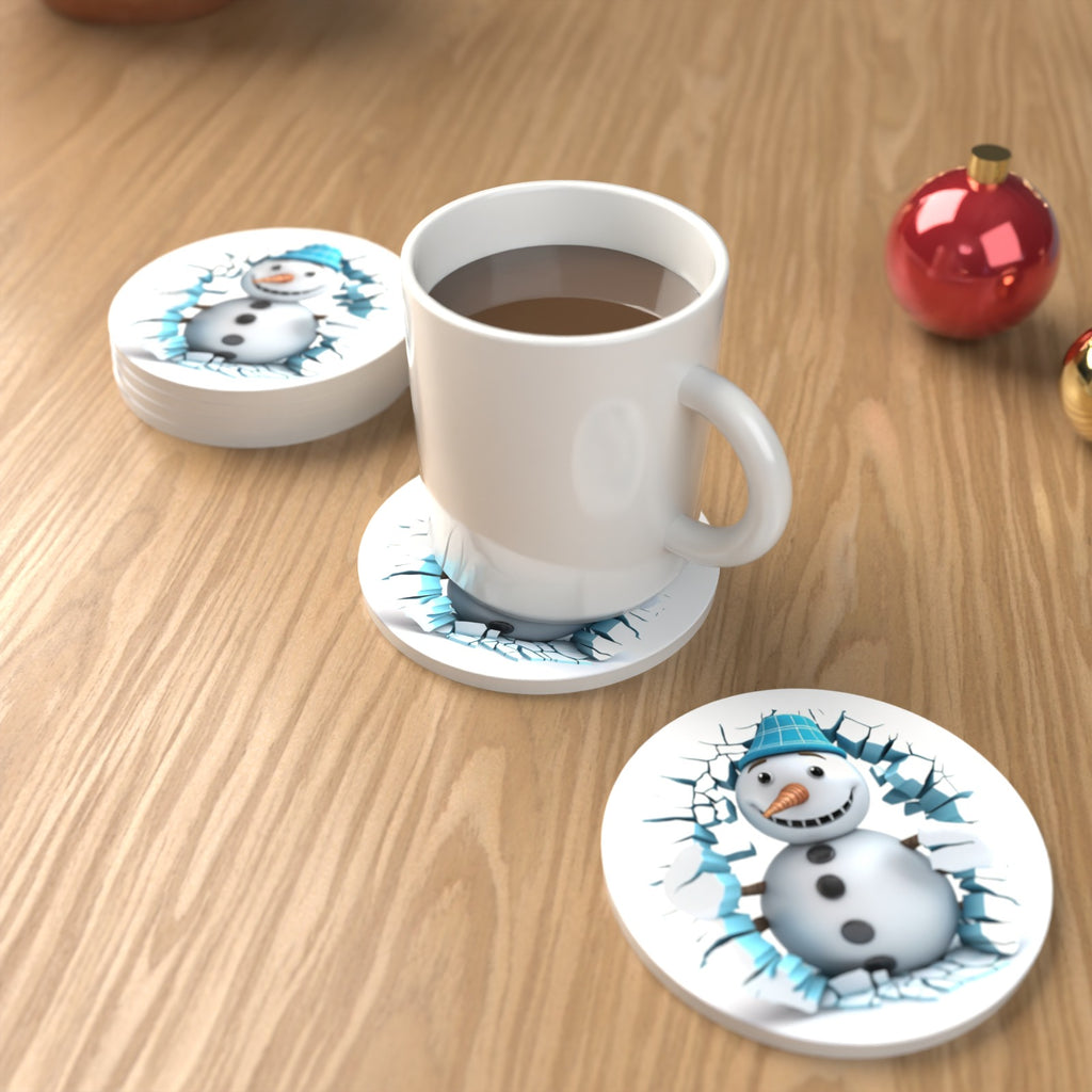 3D Snowman Breaking Through Ice Round Ceramic Coasters – Set of 6 – lifestyle mockup with a mug of coffee