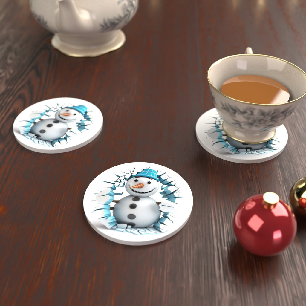3D Snowman Breaking Through Ice Round Ceramic Coasters – Set of 6 – lifestyle mockup with a teacup
