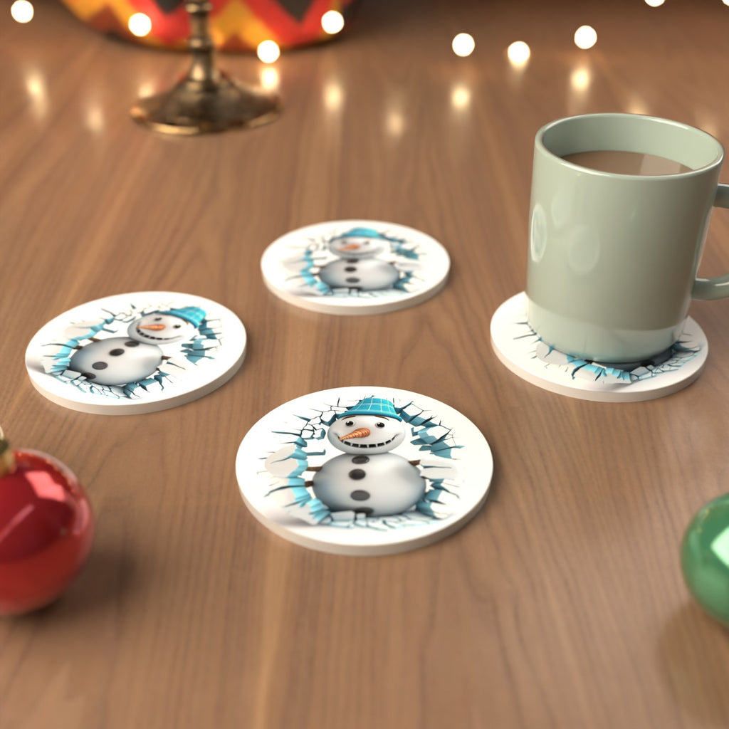 3D Snowman Breaking Through Ice Round Ceramic Coasters – Set of 6 – cosy lifestyle mockup