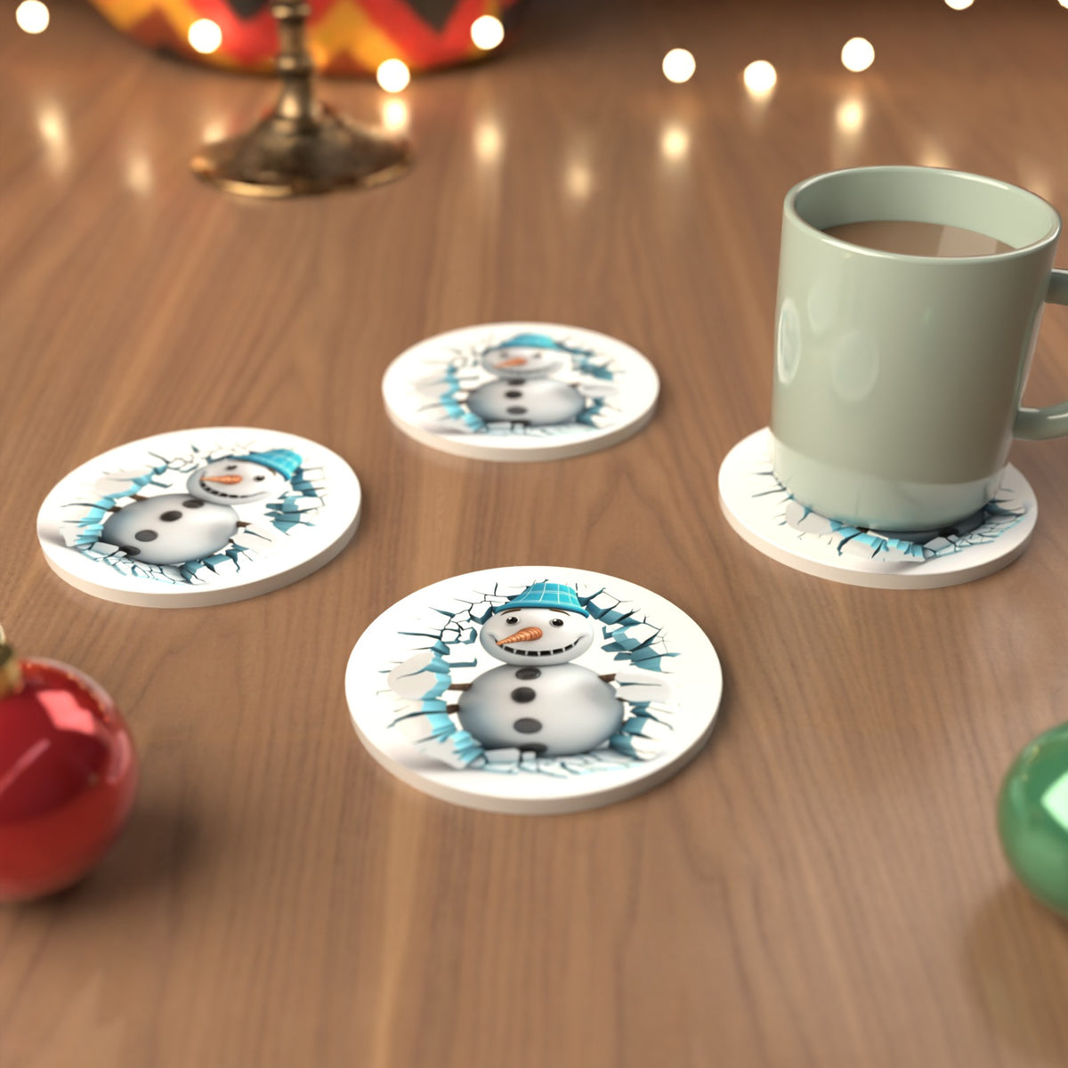 3D Snowman Breaking Through Ice Round Ceramic Coasters – Set of 6 – cosy lifestyle mockup