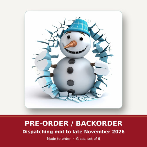 3D Snowman Breaking Through Ice square glass coaster set of 6 – pre-order / backorder, dispatching mid to late November 2026