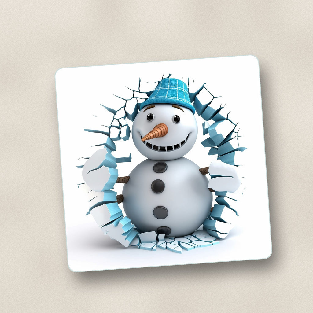 Close-up of one 3d snowman breaking through ice square glass coaster, flat UV print
