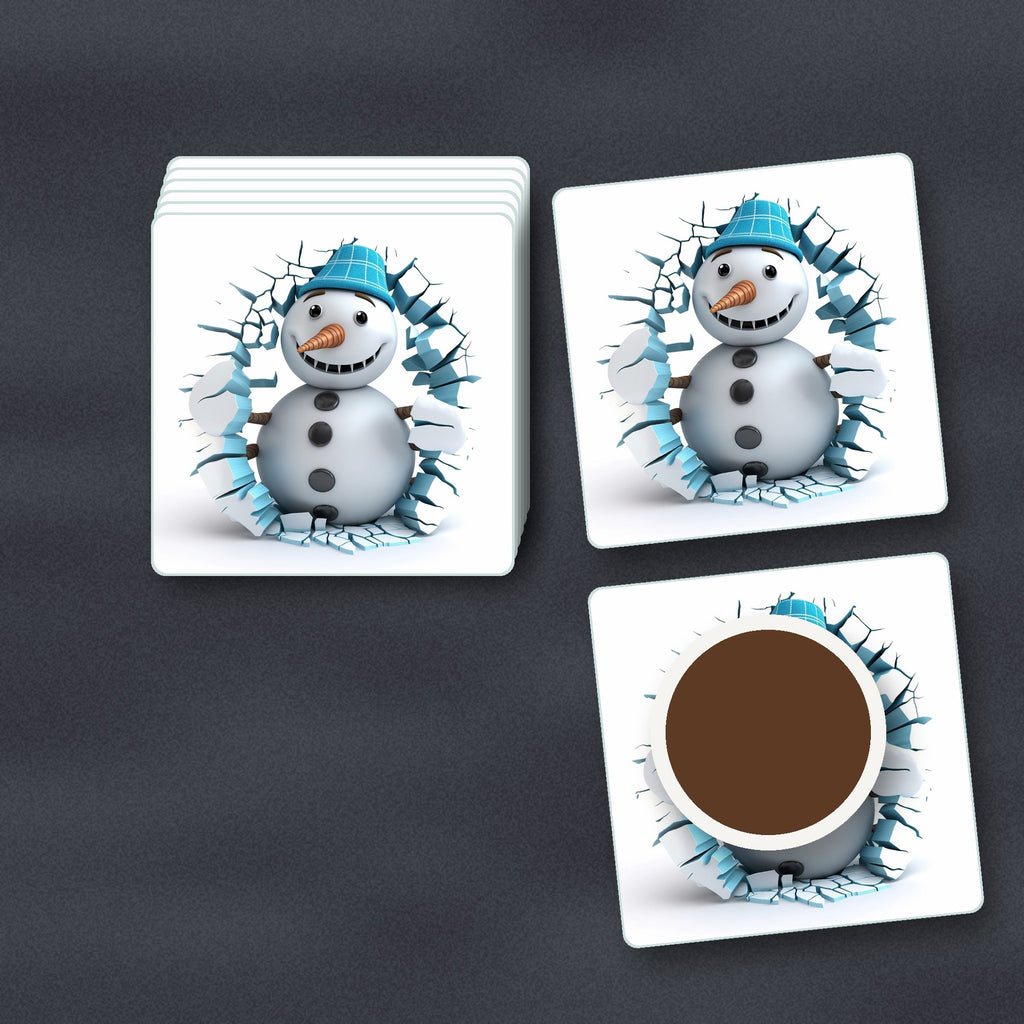 3D Snowman Breaking Through Ice square glass coasters stacked on a slate kitchen worktop