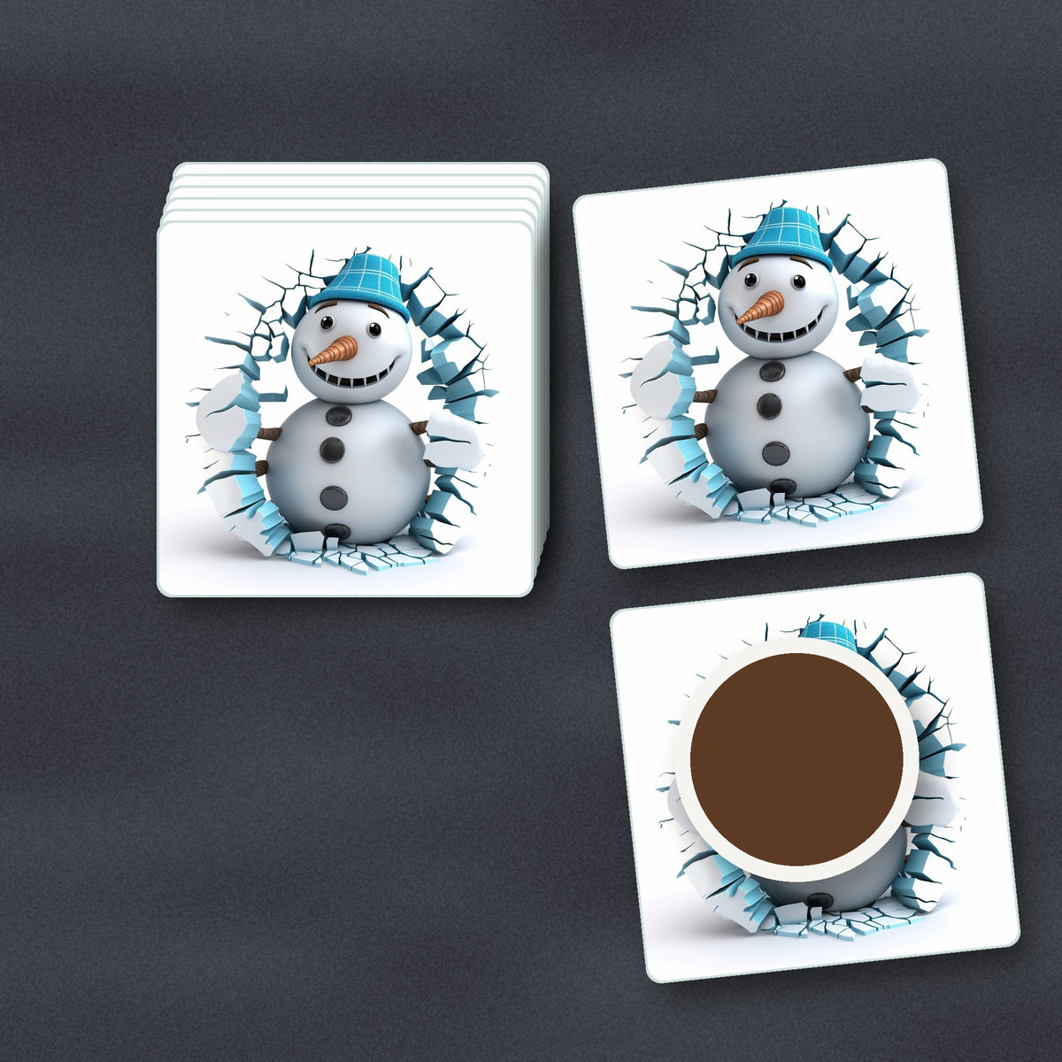 3D Snowman Breaking Through Ice square glass coasters stacked on a slate kitchen worktop