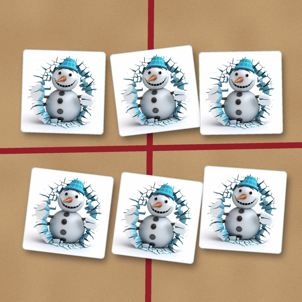 3D Snowman Breaking Through Ice square glass coasters on kraft gift wrap