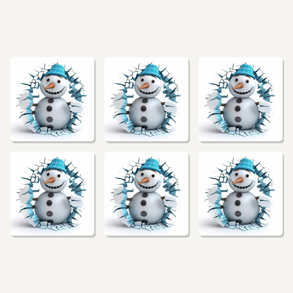 Flat lay of the 3d snowman breaking through ice artwork on six square coasters