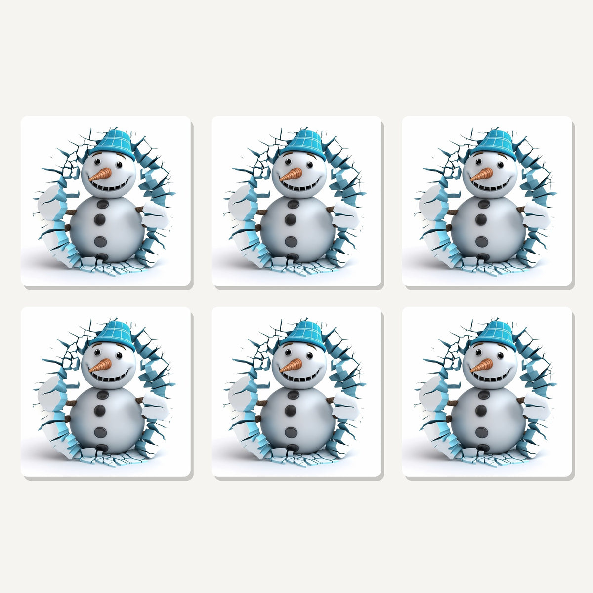 Flat lay of the 3d snowman breaking through ice artwork on six square coasters