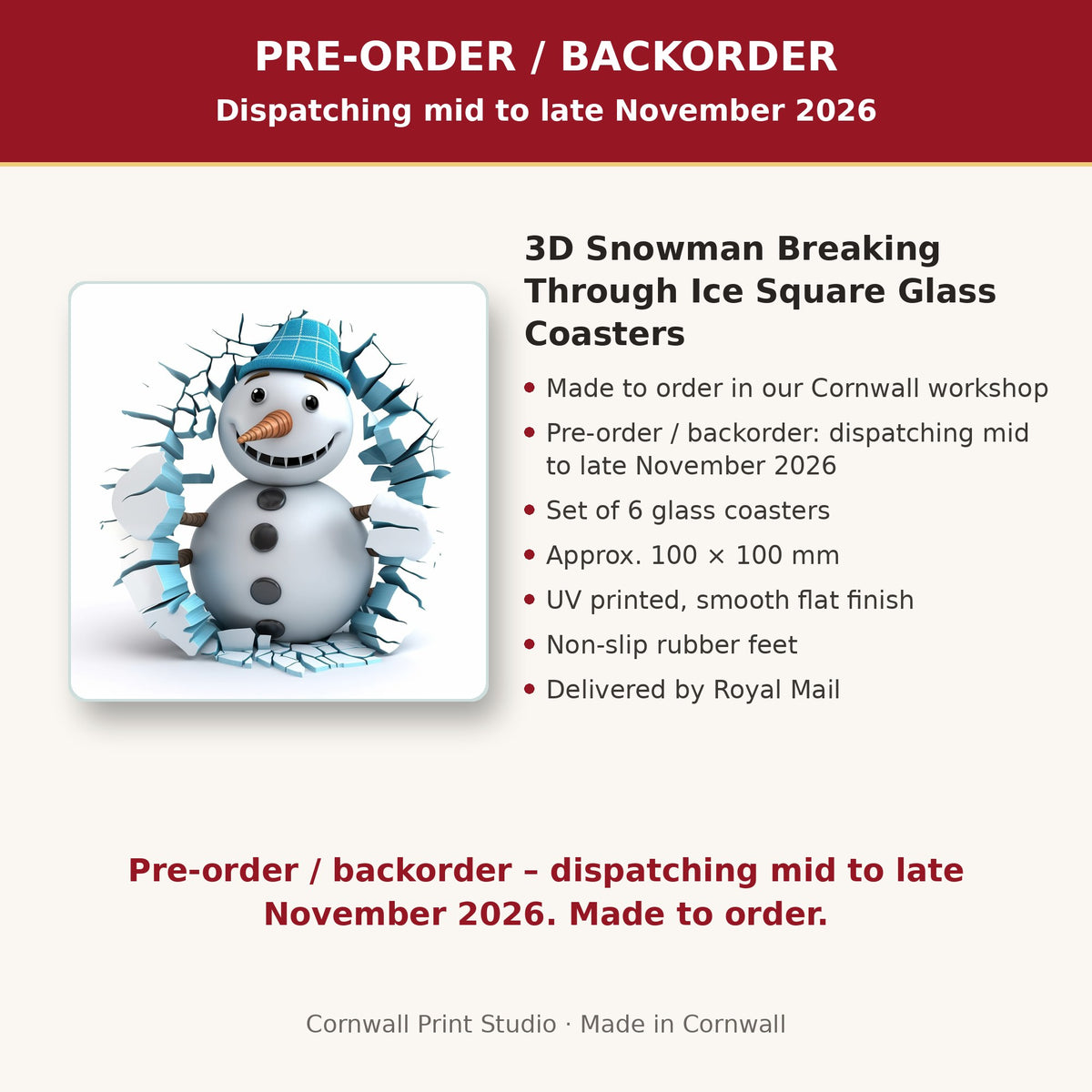 Info card: 3D Snowman Breaking Through Ice Square Glass Coasters – Set of 6, made to order, dispatching mid to late November 2026, delivered by Royal Mail