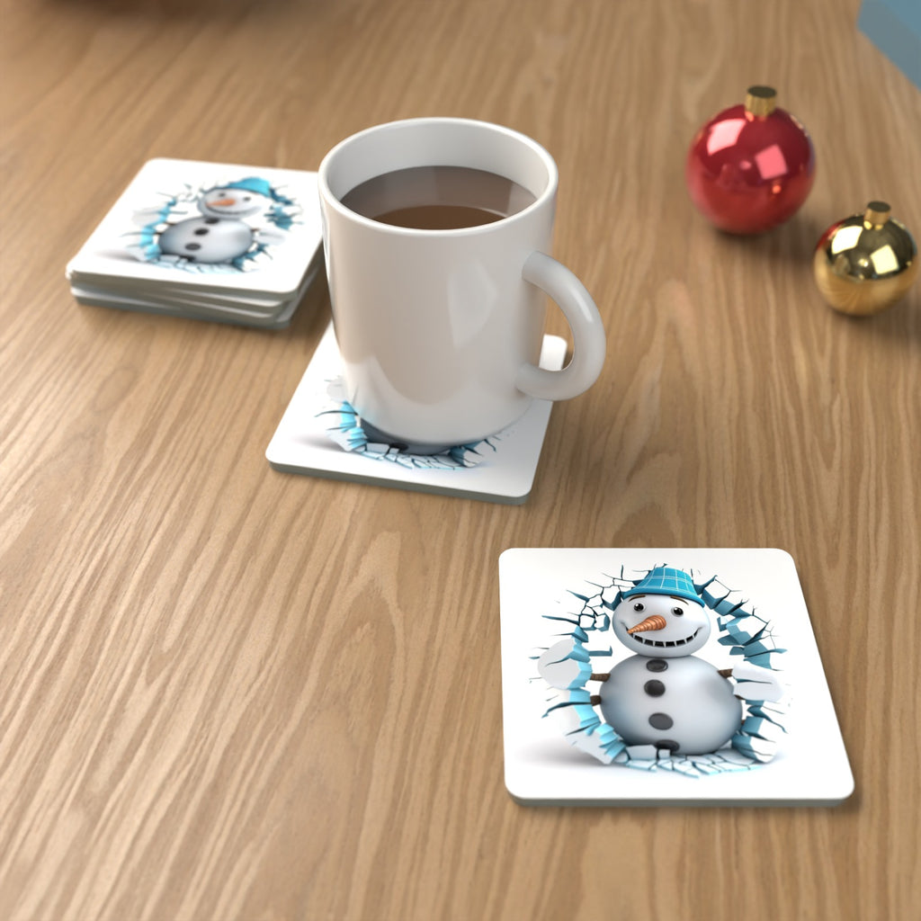 3D Snowman Breaking Through Ice Square Glass Coasters – Set of 6 – lifestyle mockup with a mug of coffee