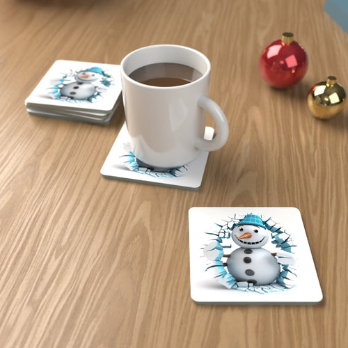 3D Snowman Breaking Through Ice Square Glass Coasters – Set of 6 – lifestyle mockup with a mug of coffee